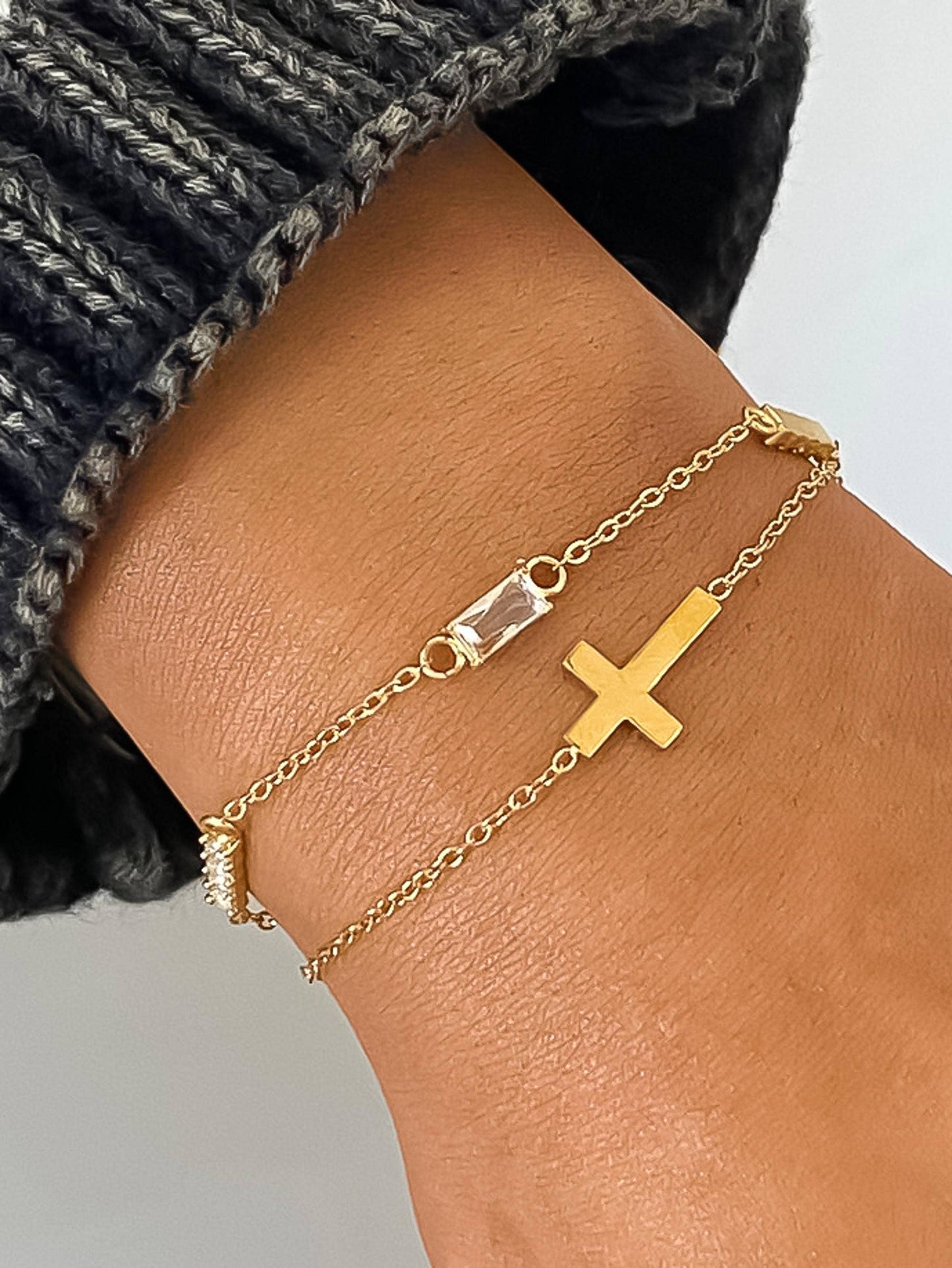 18K Gold Non-Tarnish Layered Cross CZ Bracelet