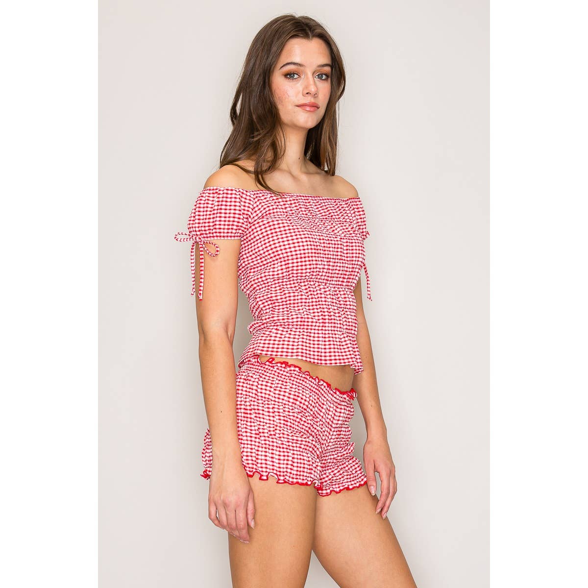 Off Shoulder Smocked Top With Smocked Short Set