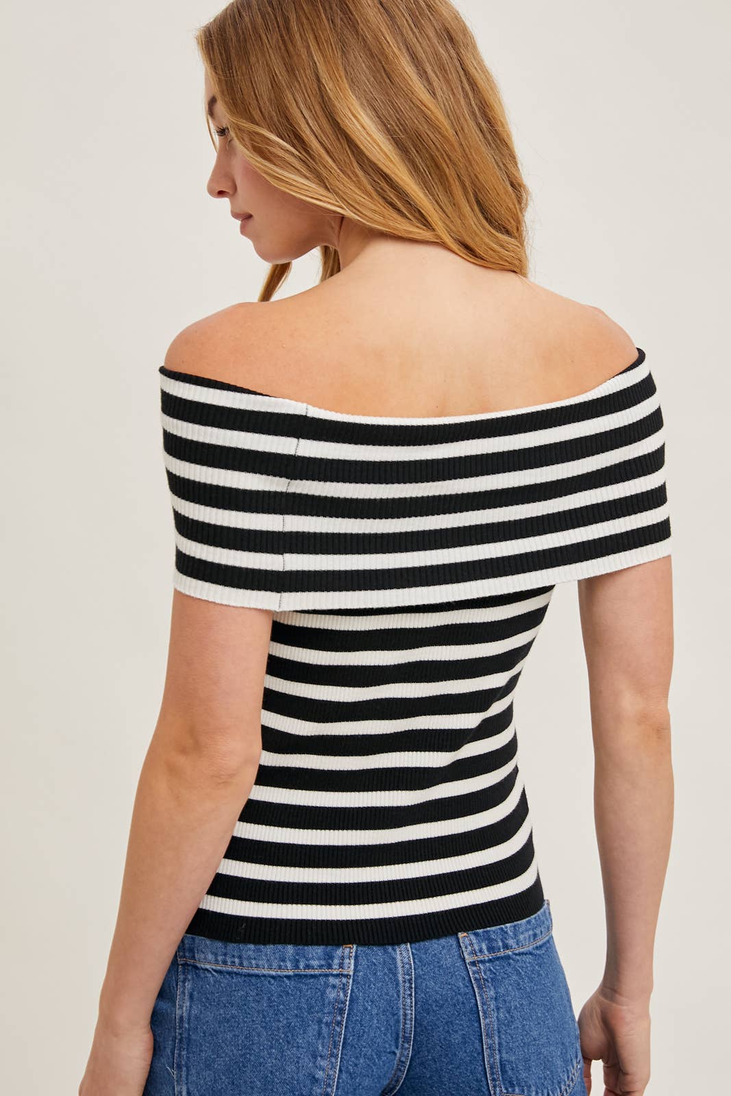 STRIPED OFF THE SHOULDER KNIT TOP