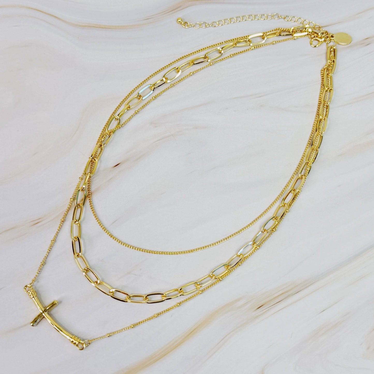 Side Hanging Cross Layered Chain Necklace, Gold