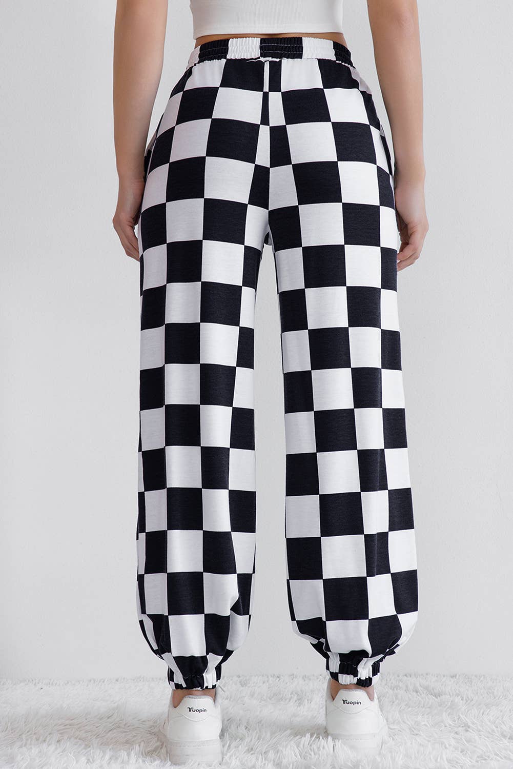 Checkerboard Elastic Waist Pocketed Joggers