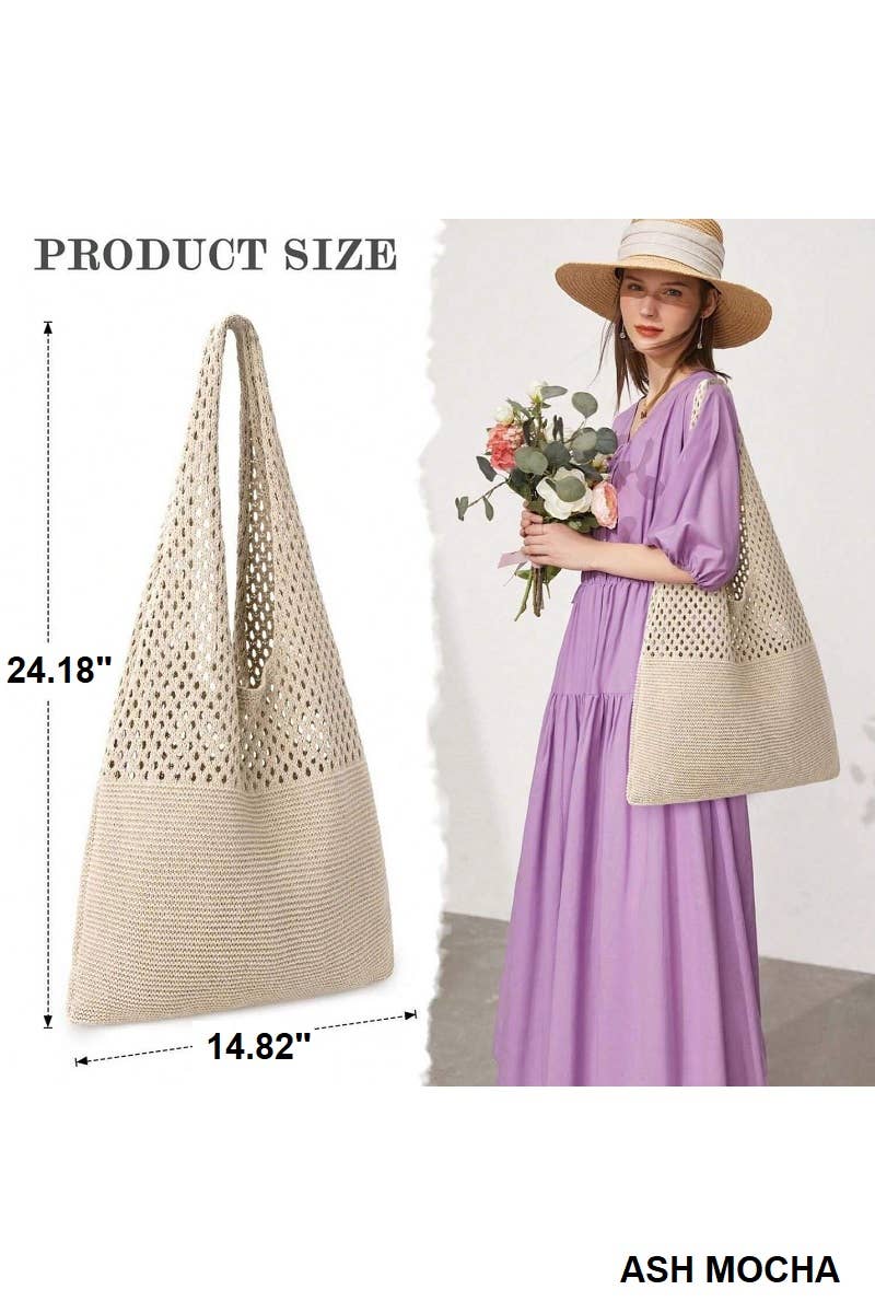Crochet Mesh Half Pointelle Knit Tote Bag