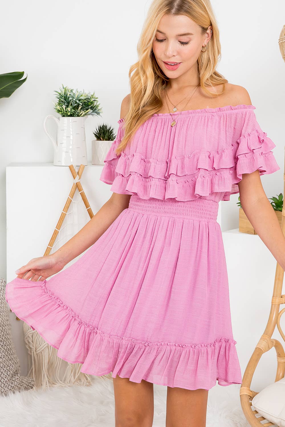 RUFFLE HEM OFF SHOULDER DRESS
