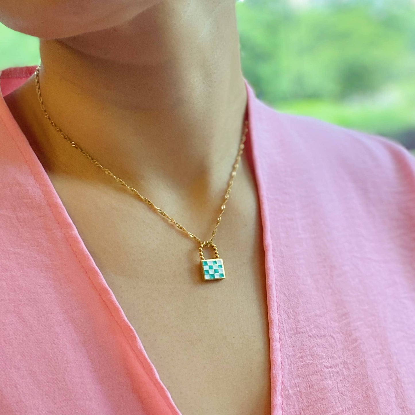 Checkered Locket Necklace, Gold