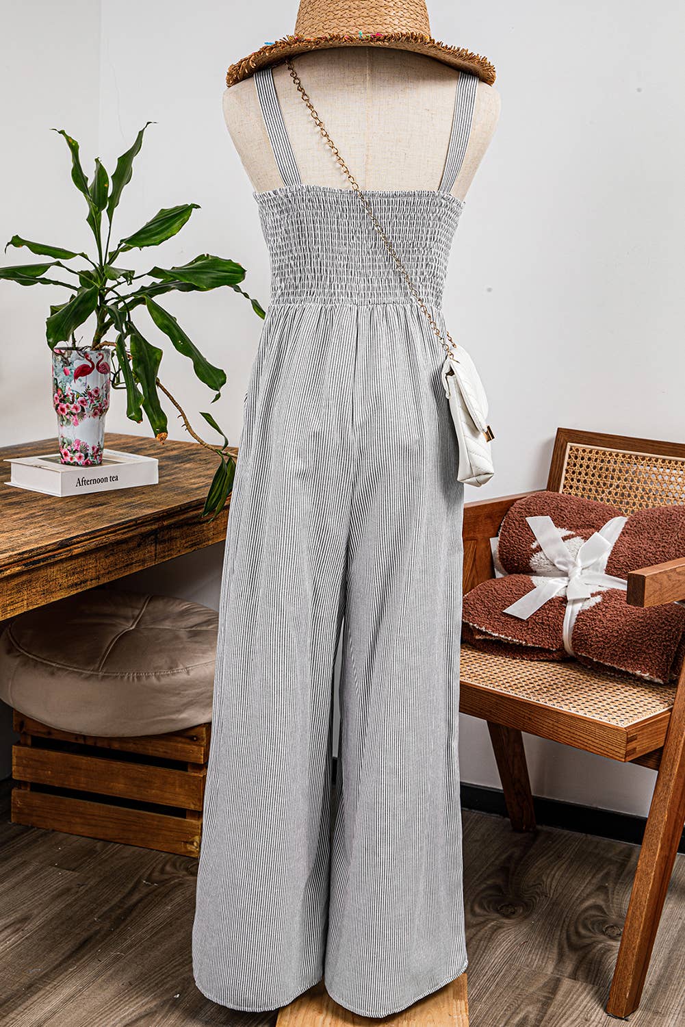 Stripe Buttoned Sleeveless Wide Leg Jumpsuit