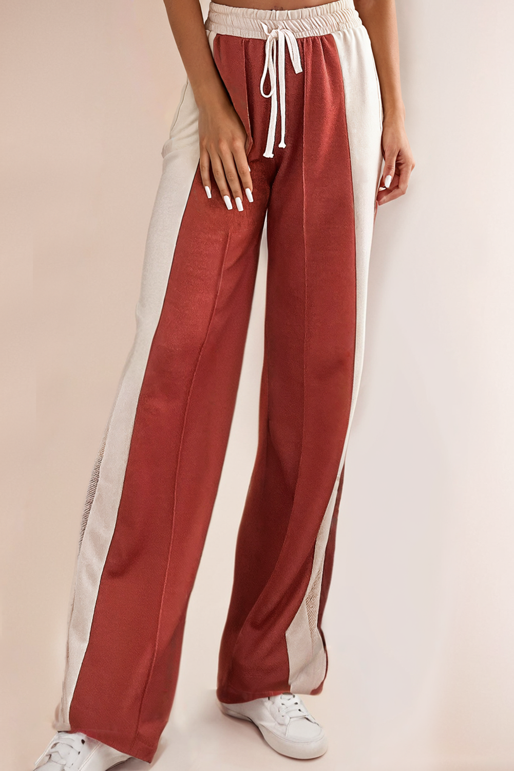 Colorblock Drawstring High Waist Wide Leg Pants