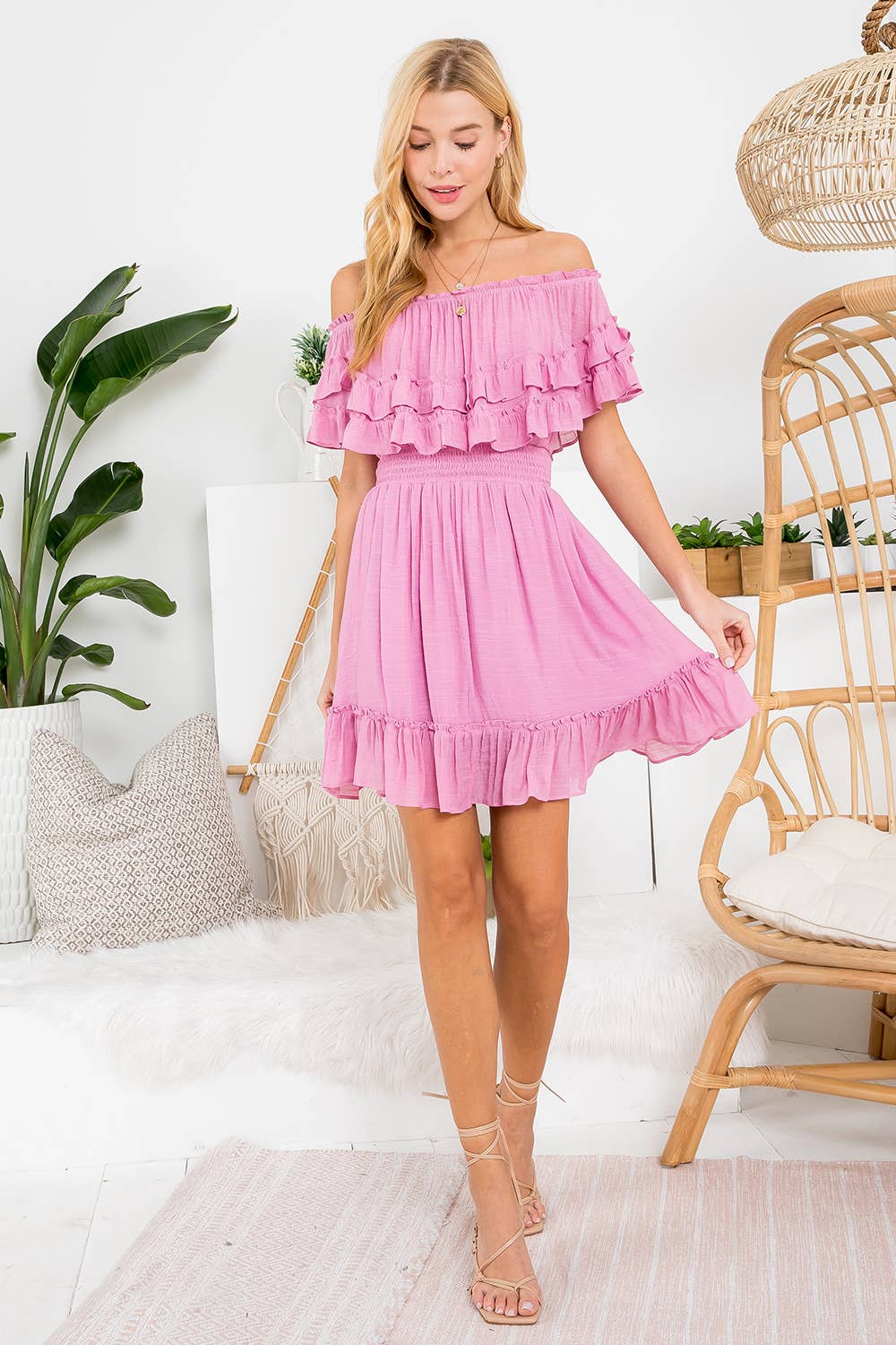 RUFFLE HEM OFF SHOULDER DRESS