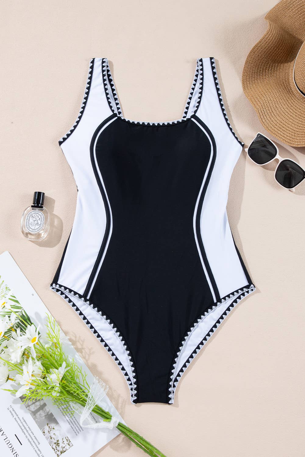 Color Block Ric Rac Trim U Neck One Piece Swimsuit