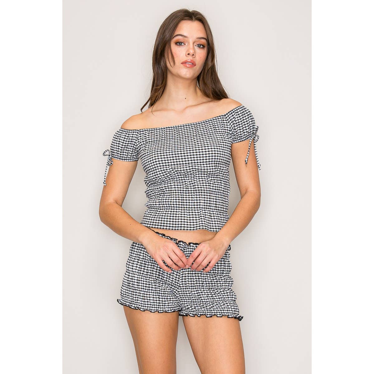 Off Shoulder Smocked Top With Smocked Short Set