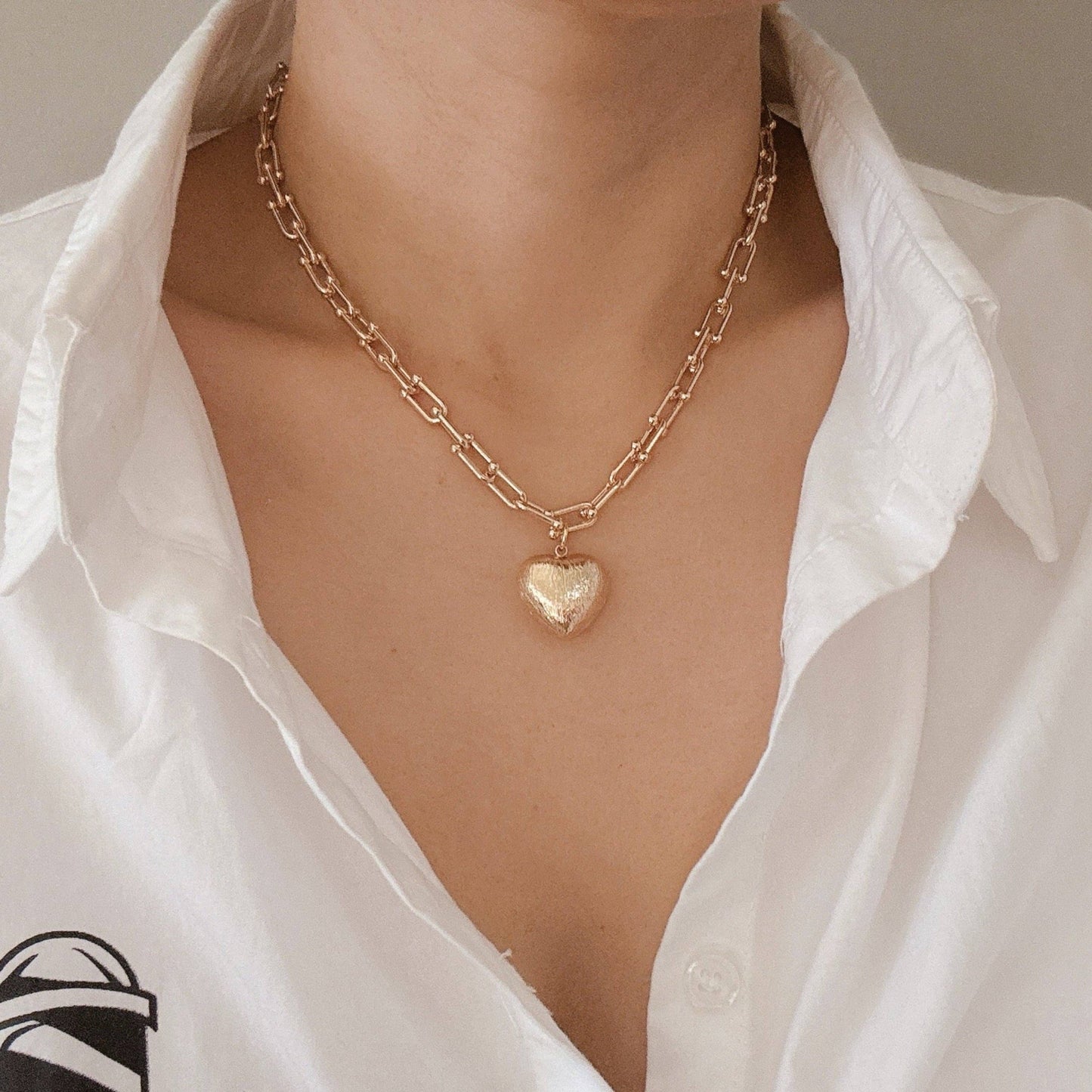 Brushed Heart Pendant U Chain Necklace, Gold