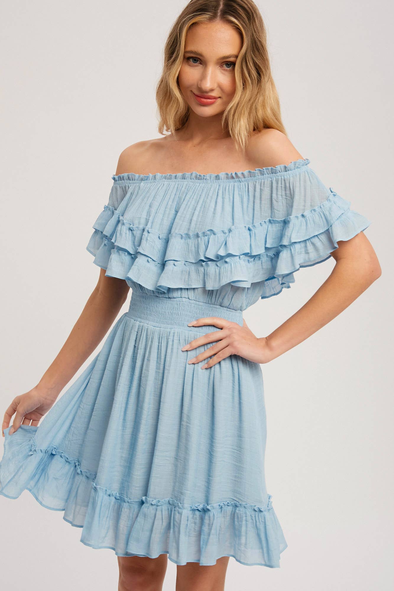RUFFLE HEM OFF SHOULDER DRESS
