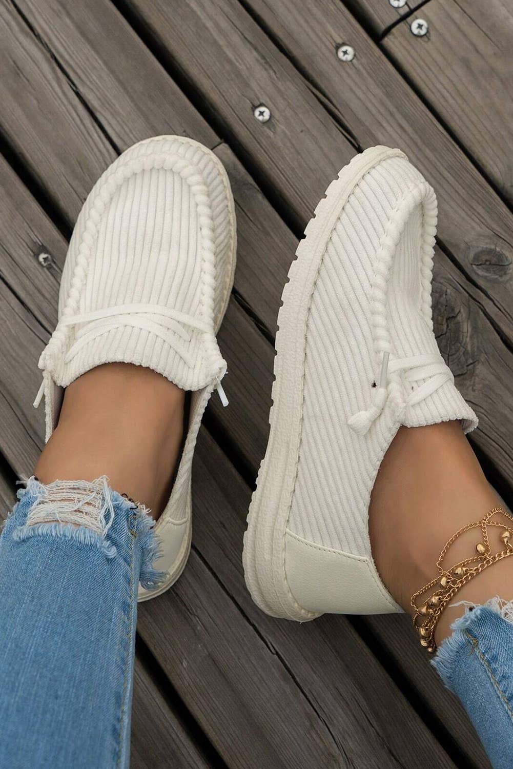 Solid Ribbed Criss Cross Slip On Casual Shoes