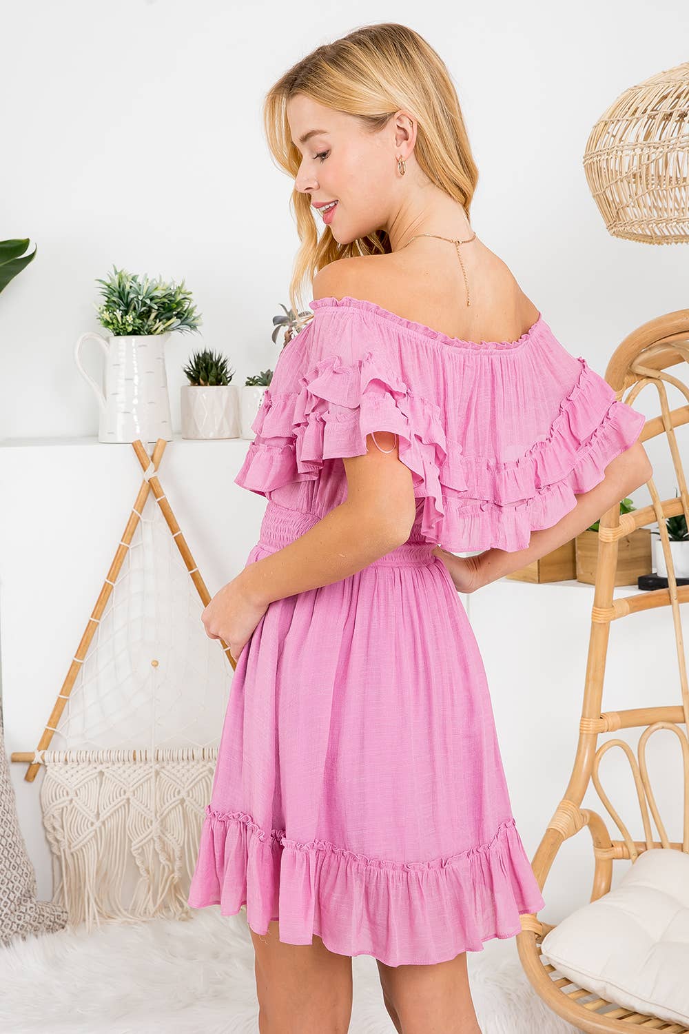 RUFFLE HEM OFF SHOULDER DRESS