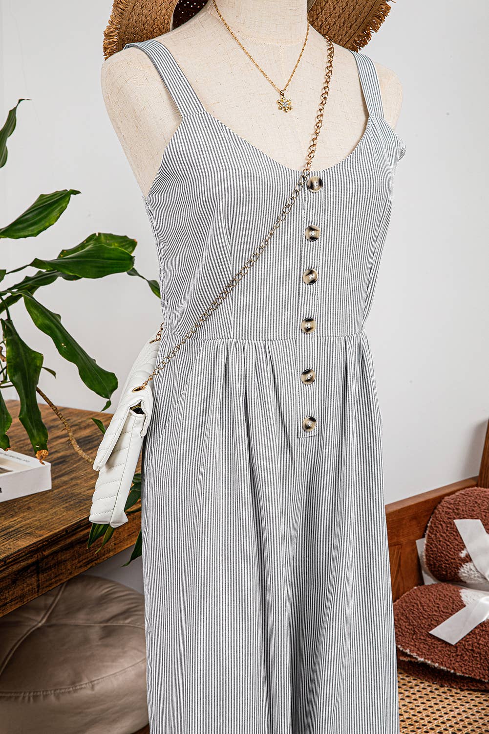Stripe Buttoned Sleeveless Wide Leg Jumpsuit