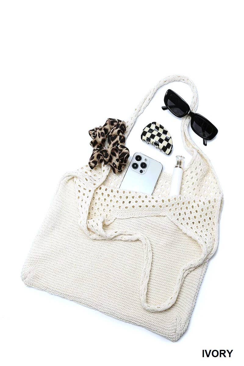 Crochet Mesh Half Pointelle Knit Tote Bag