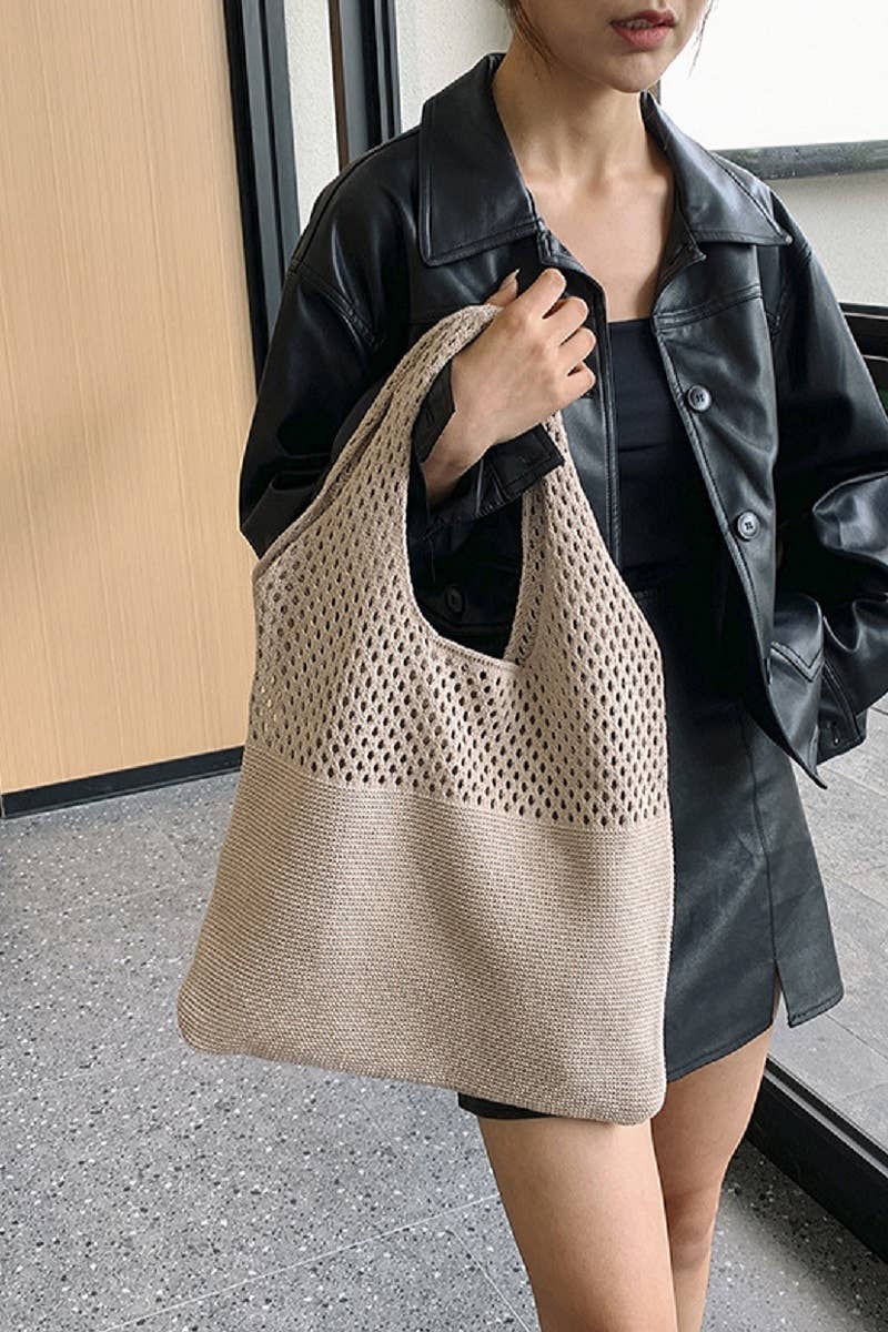 Crochet Mesh Half Pointelle Knit Tote Bag
