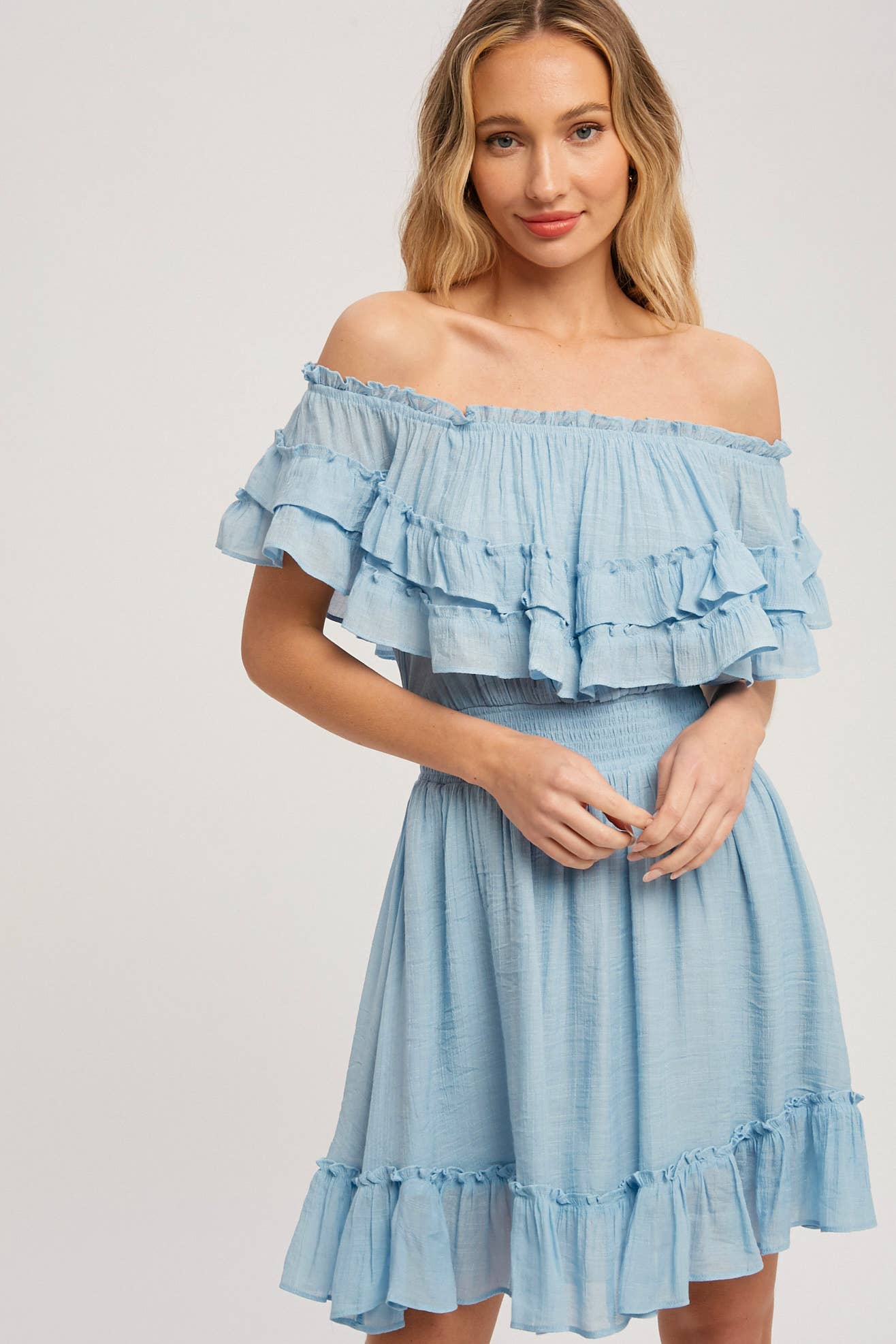 RUFFLE HEM OFF SHOULDER DRESS