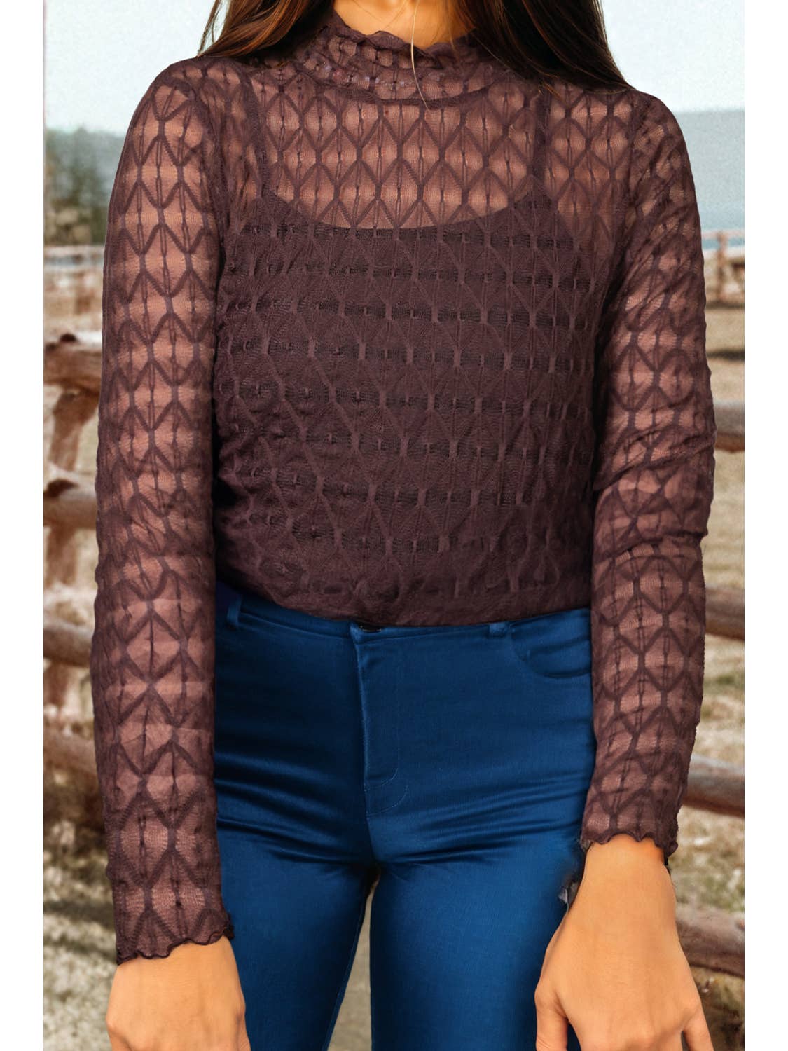 Sheer Mesh Pattern Lettuce Trim Slim Long Sleeve Top