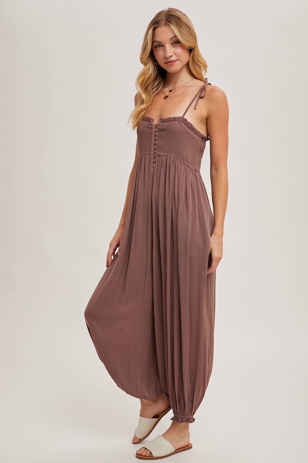 GAUZE SMOCKED BUTTON FRONT SHOULDER TIE JUMPSUIT