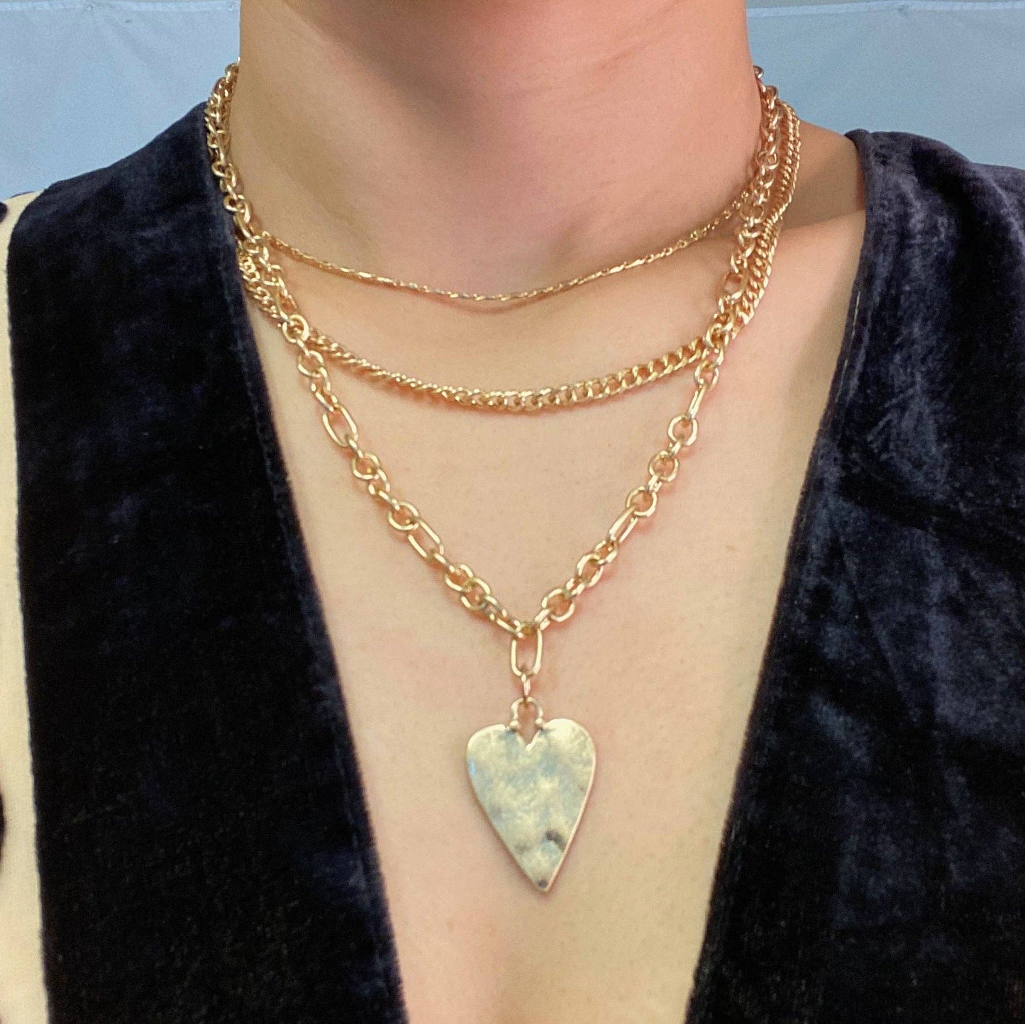 Heart Charm Layered Chain Necklace, Gold