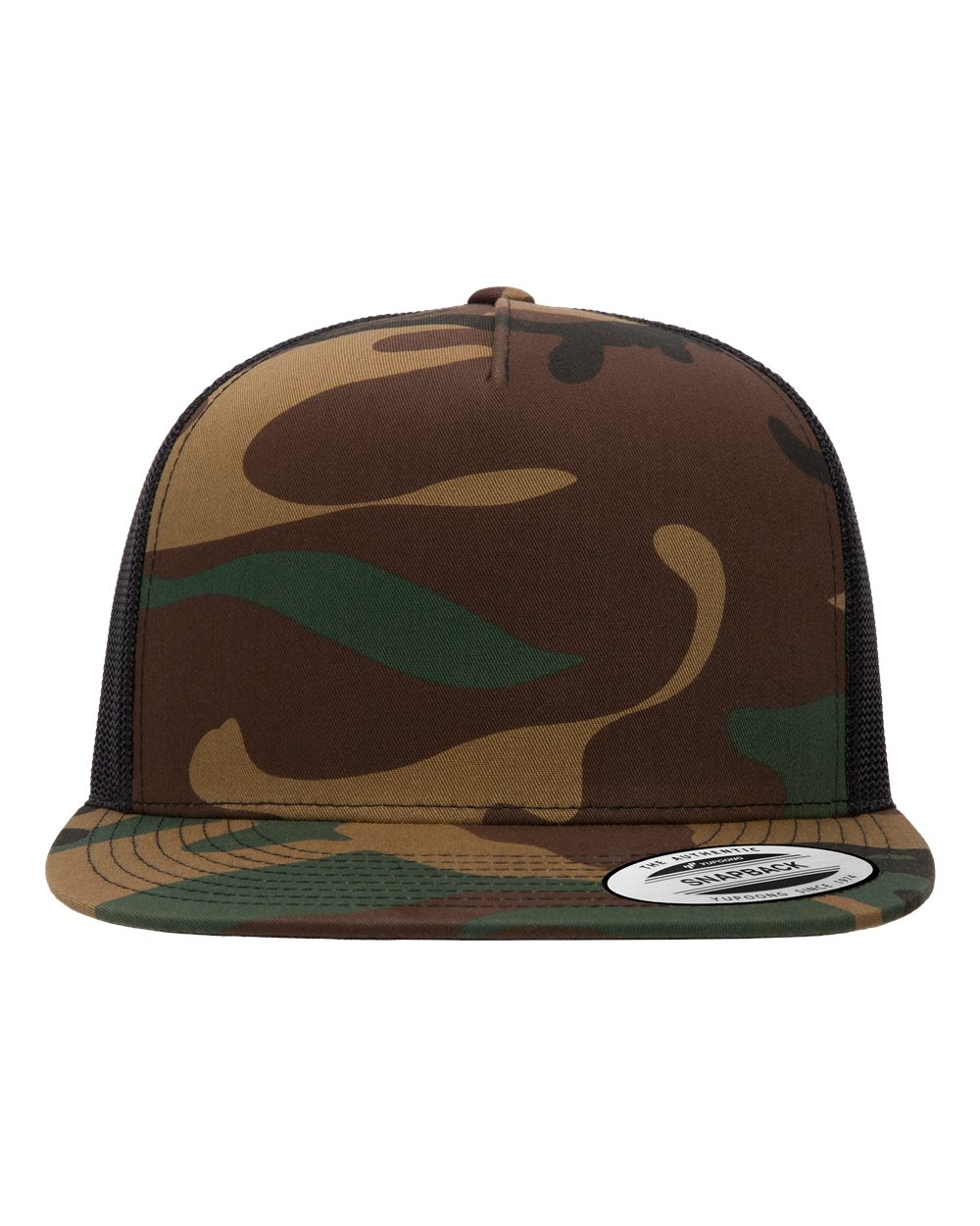 YP Five Panel Classic Flat Bill Trucker Green Camo Front and Black Mesh