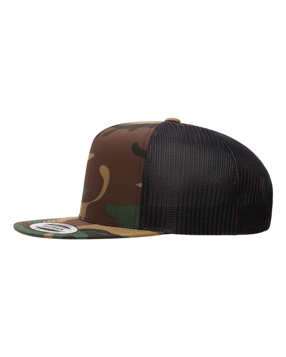 YP Five Panel Classic Flat Bill Trucker Green Camo Front and Black Mesh