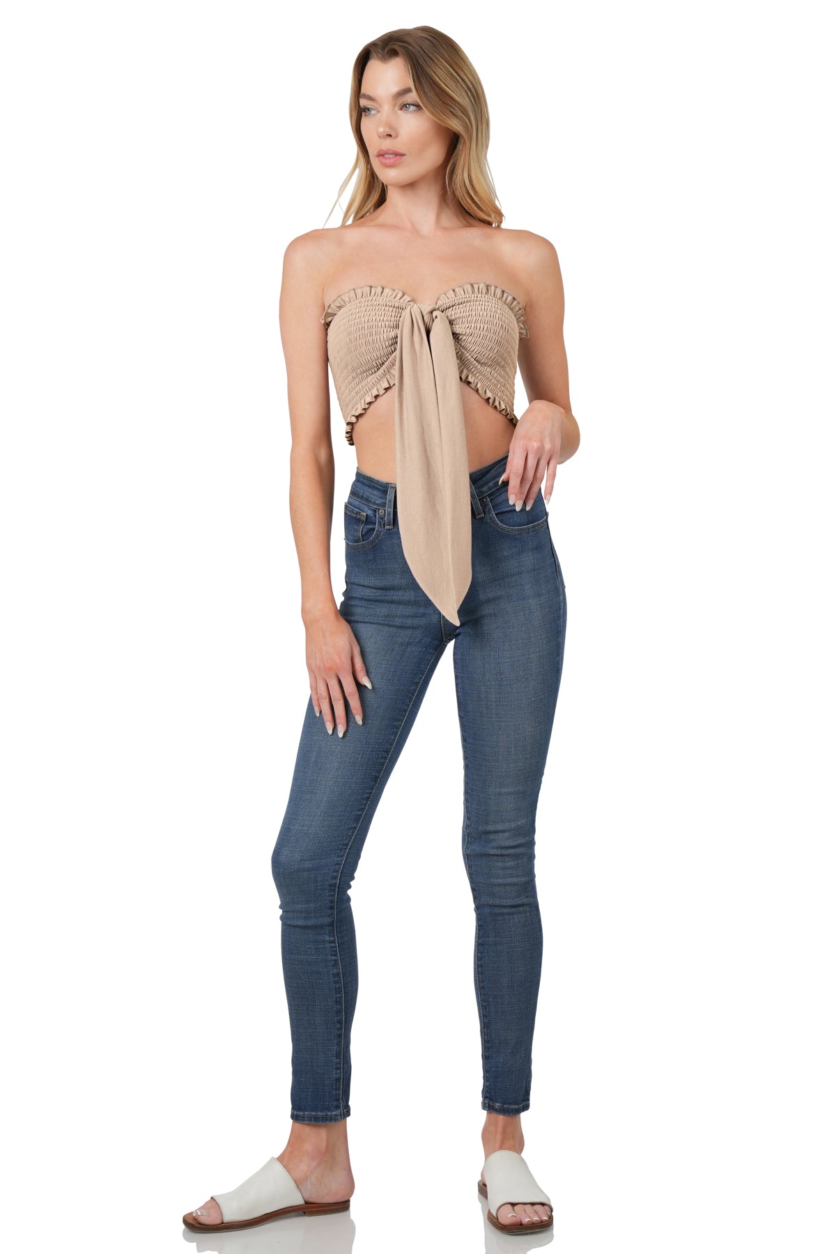 Mocha terry smocked tube top w/tie