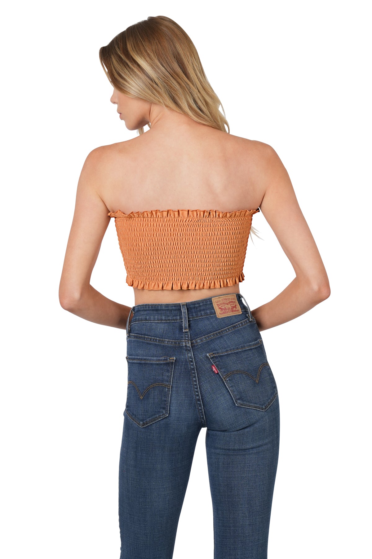 Rust terry smocked tube top w/tie