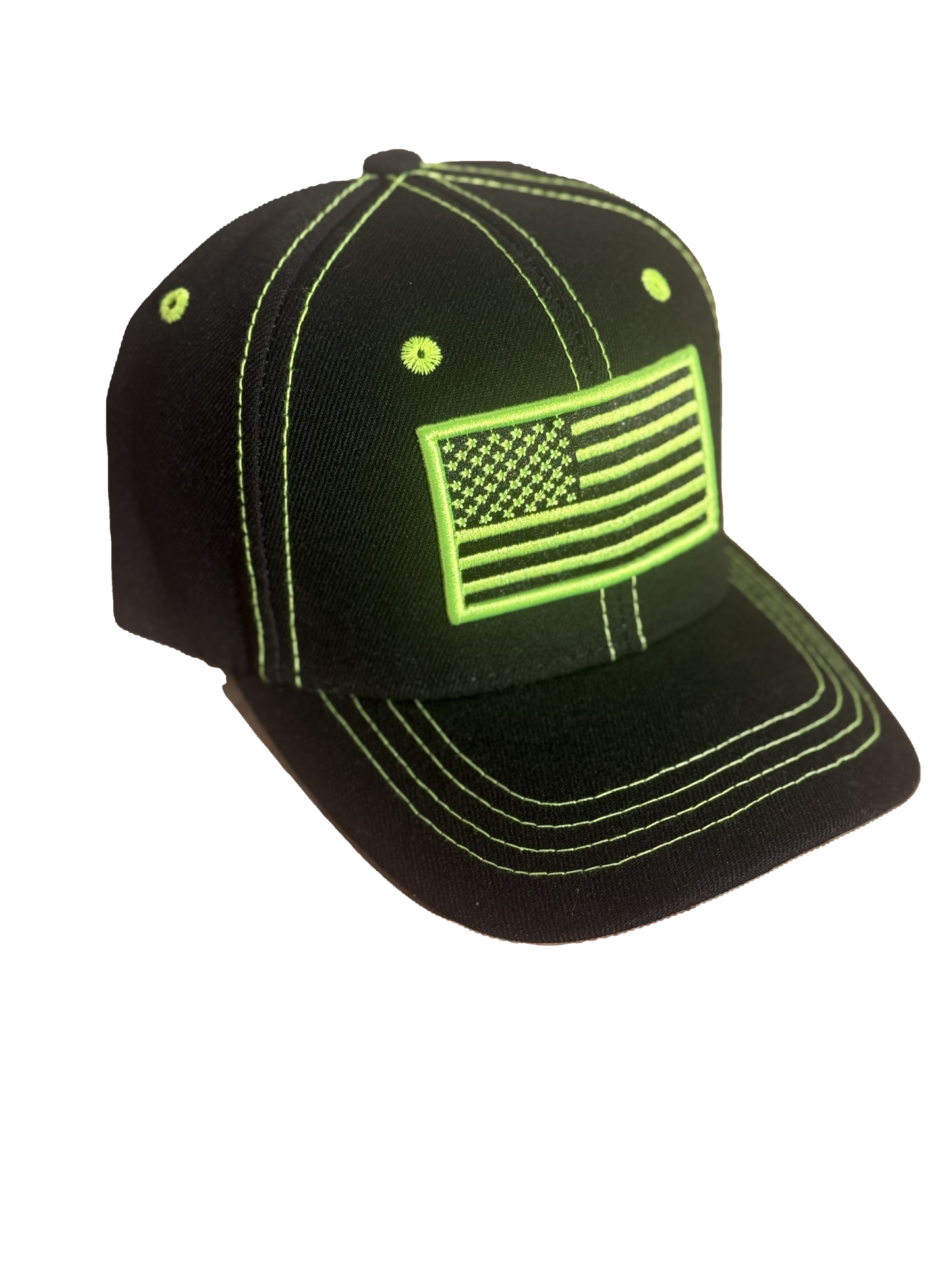 USA Black, Fluorescent Green Stitch, Hook & Loop Back