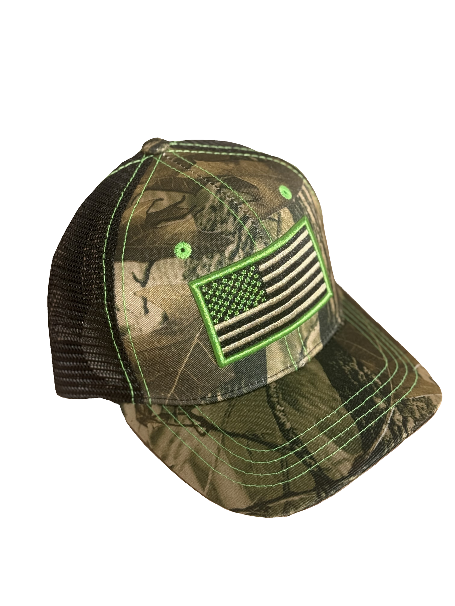 USA Camo, Fluorescent Green Stitch, Mesh Snapback