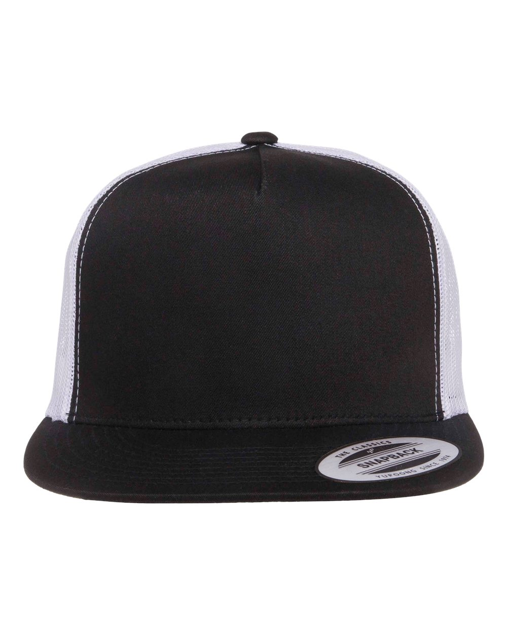 YP Five Panel Classic Flat Bill Trucker Black Front and White Mesh