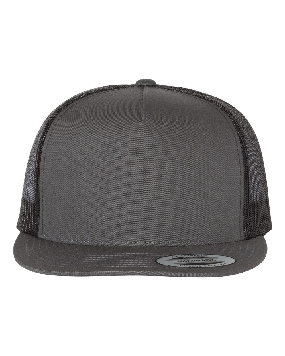 YP Five Panel Classic Flat Bill Trucker Charcoal Front and Black Mesh