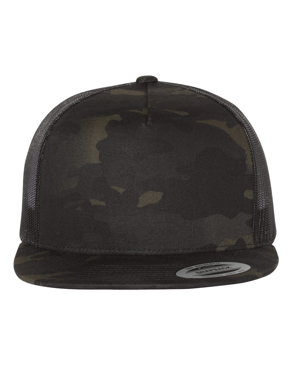YP Five Panel Classic Flat Bill Trucker Multi Camo Front and Black Mesh