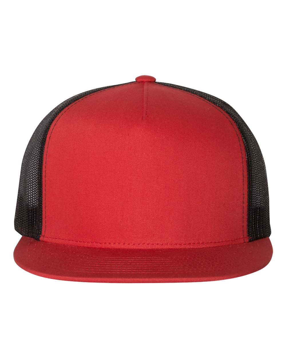 YP Five Panel Classic Flat Bill Trucker Red Front and Black Mesh