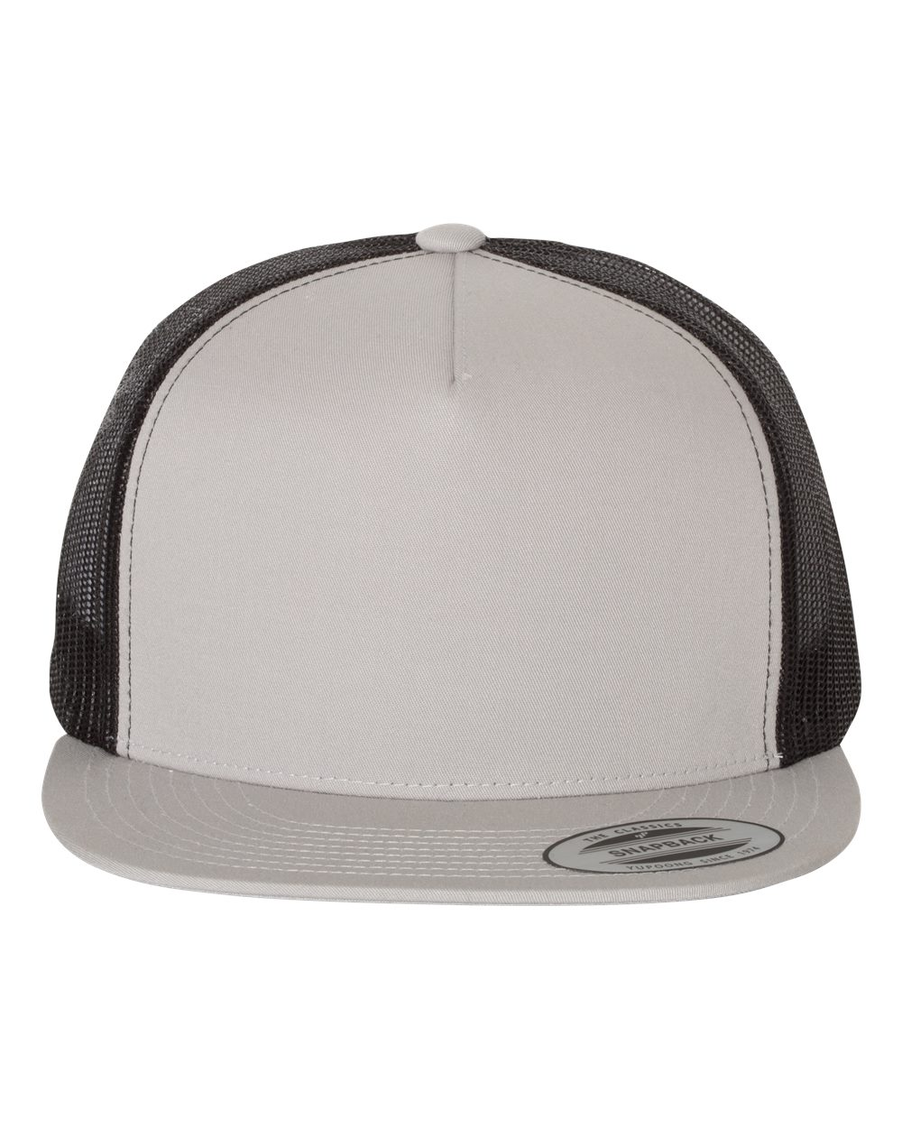 YP Five Panel Classic Flat Bill Trucker Silver Front and Black Mesh