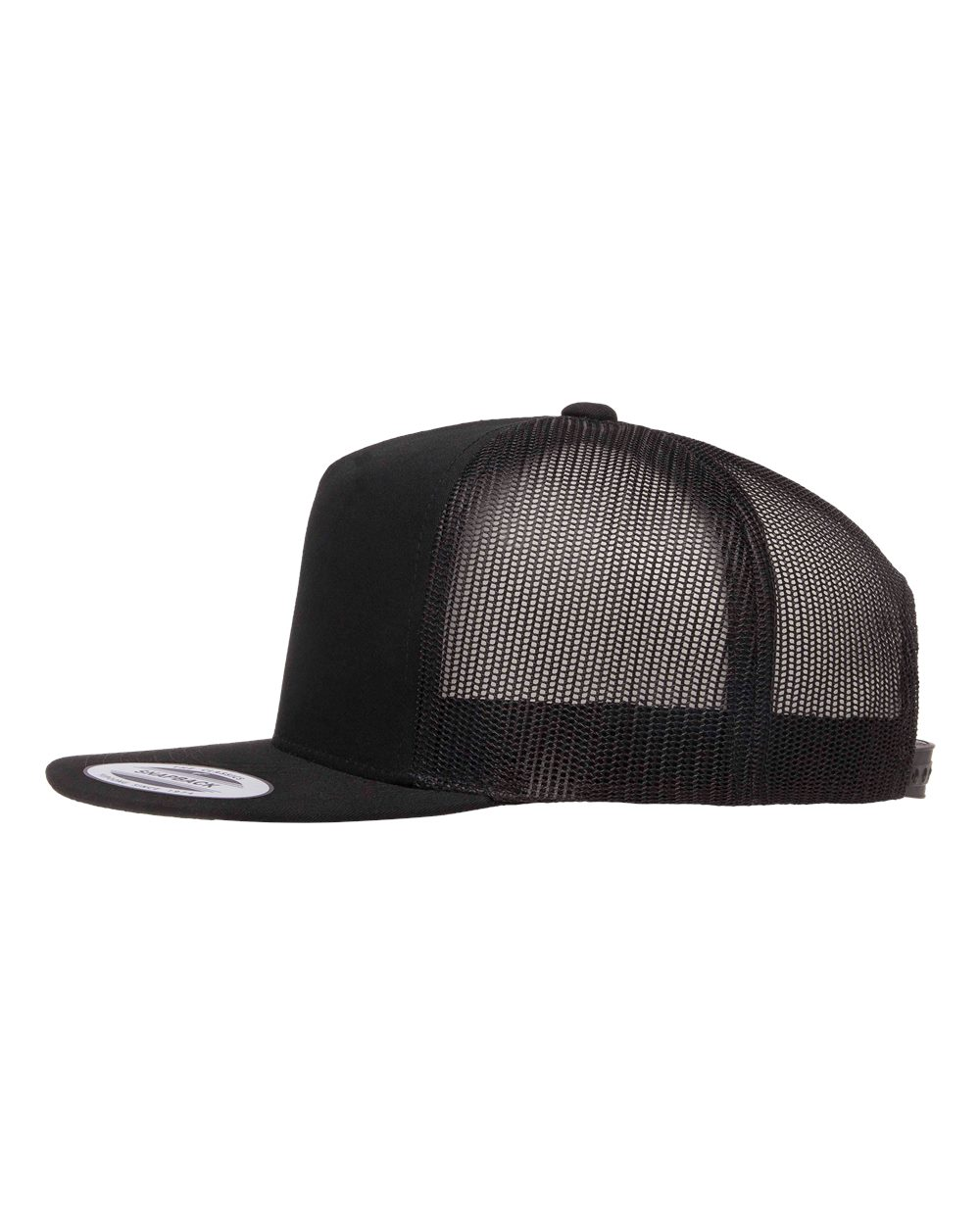 YP Five Panel Classic Flat Bill Trucker Black Front and Black Mesh