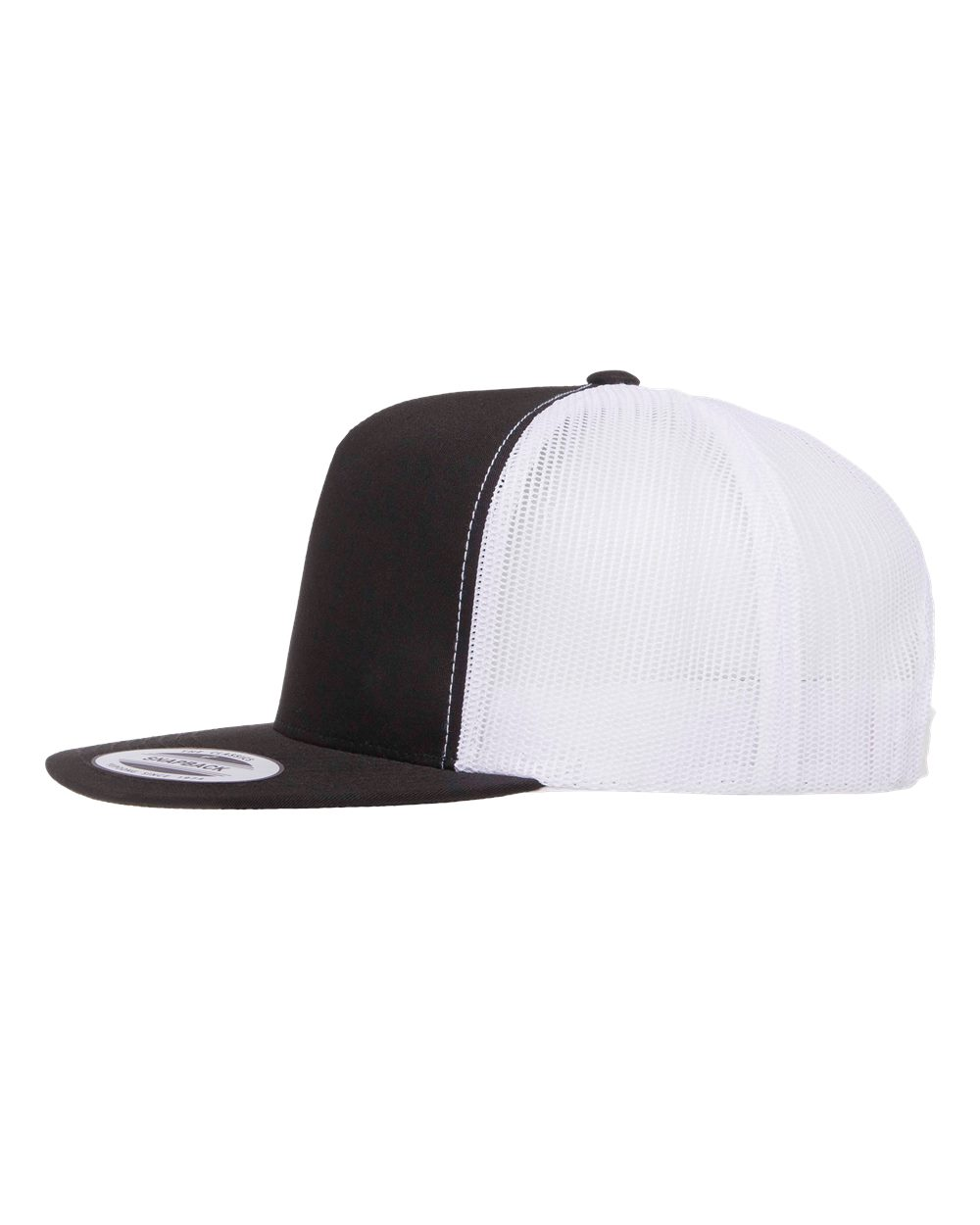 YP Five Panel Classic Flat Bill Trucker Black Front and White Mesh