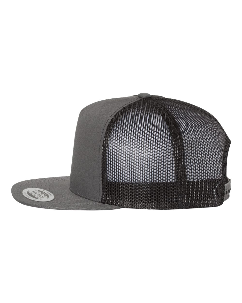 YP Five Panel Classic Flat Bill Trucker Charcoal Front and Black Mesh