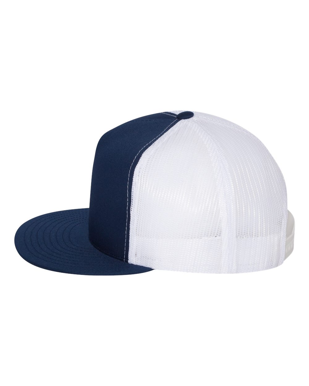 YP Five Panel Classic Flat Bill Trucker Navy Front and White Mesh