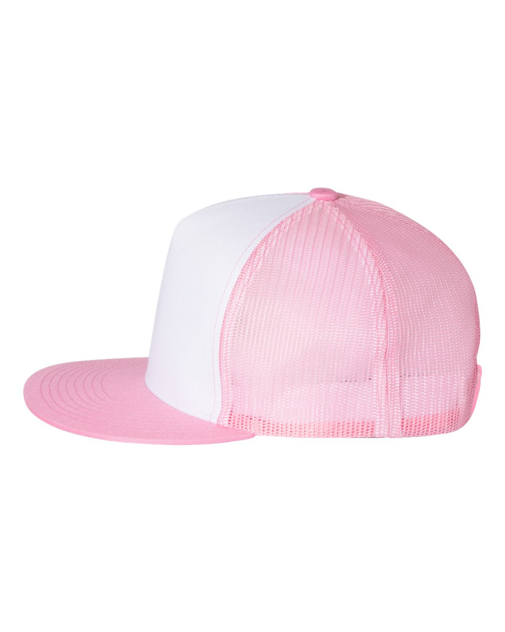 YP Five Panel Classic Flat Bill Trucker White Front Pink Bill and Pink Mesh
