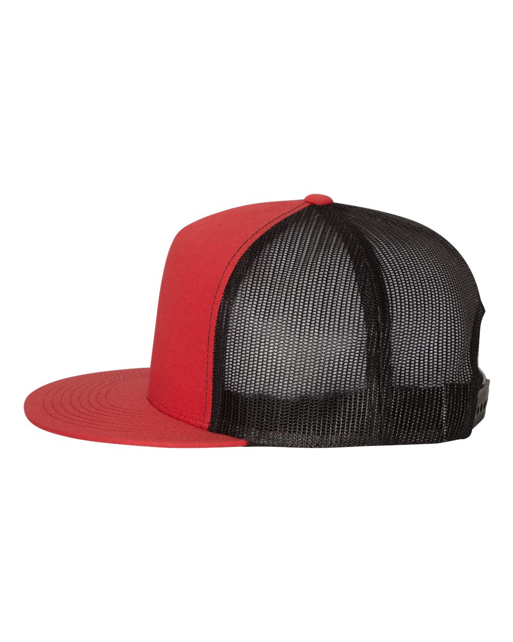 YP Five Panel Classic Flat Bill Trucker Red Front and Black Mesh