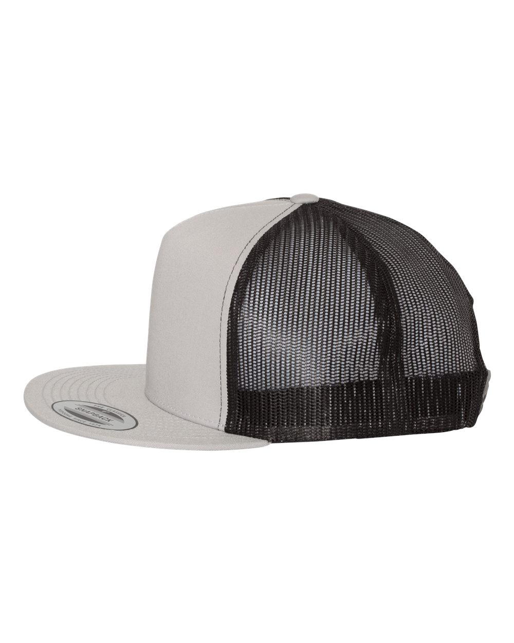 YP Five Panel Classic Flat Bill Trucker Silver Front and Black Mesh