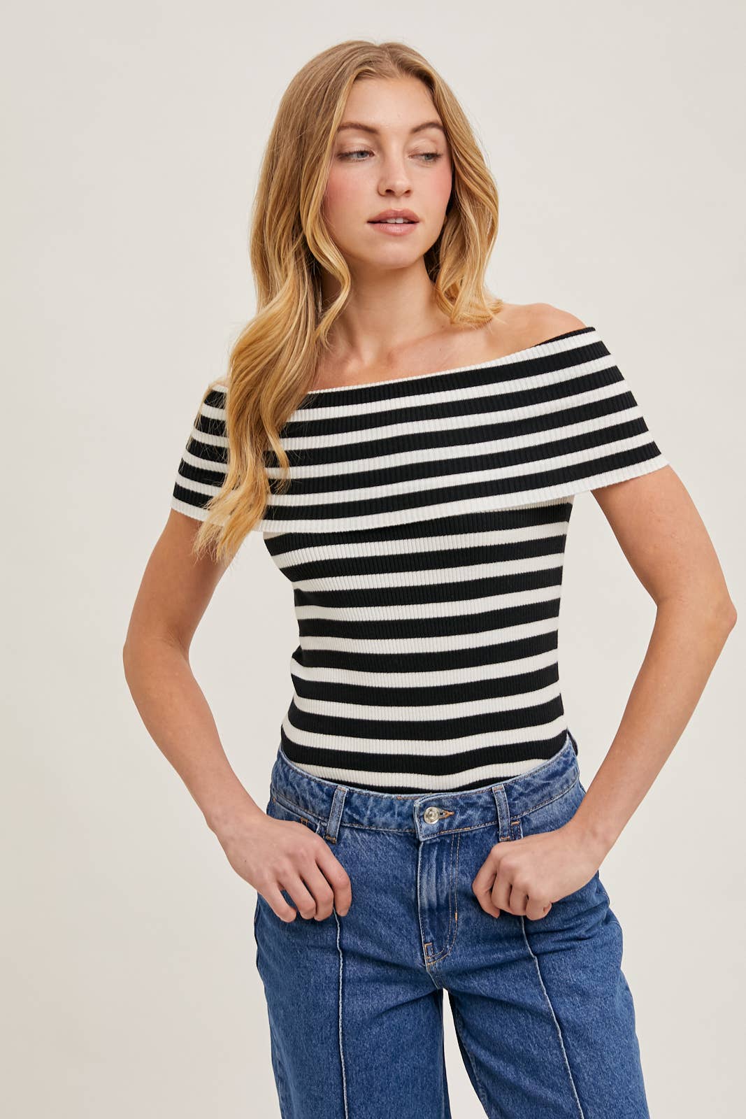 STRIPED OFF THE SHOULDER KNIT TOP