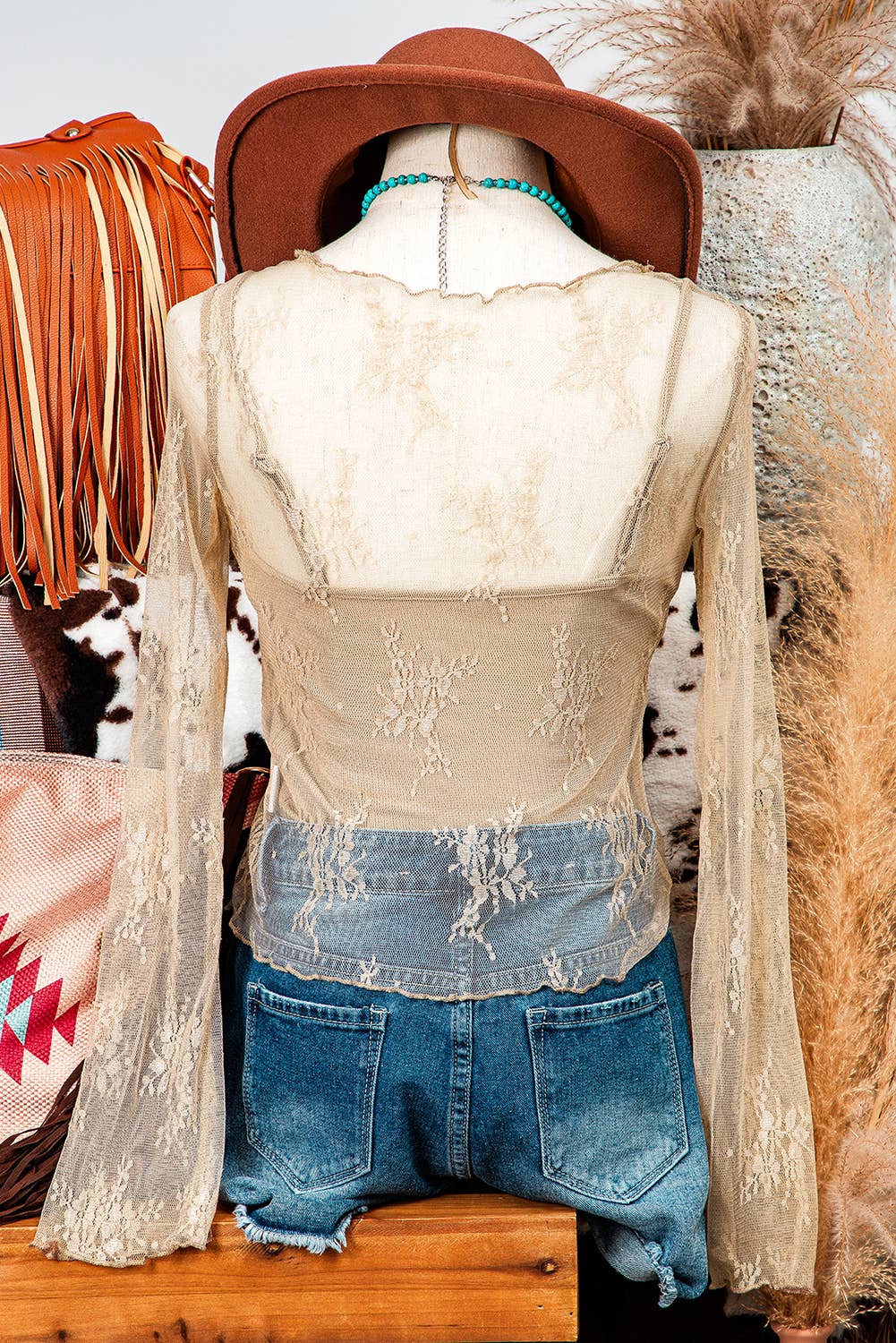 Lace Mesh Crochet Splicing Slim Fit Long Sleeve Blouse