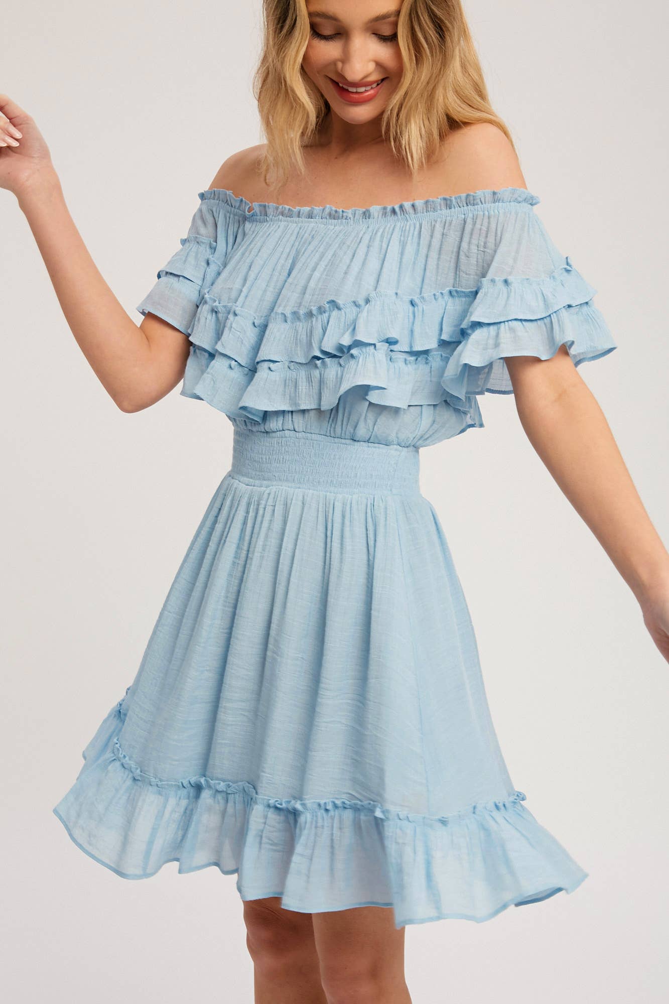 RUFFLE HEM OFF SHOULDER DRESS