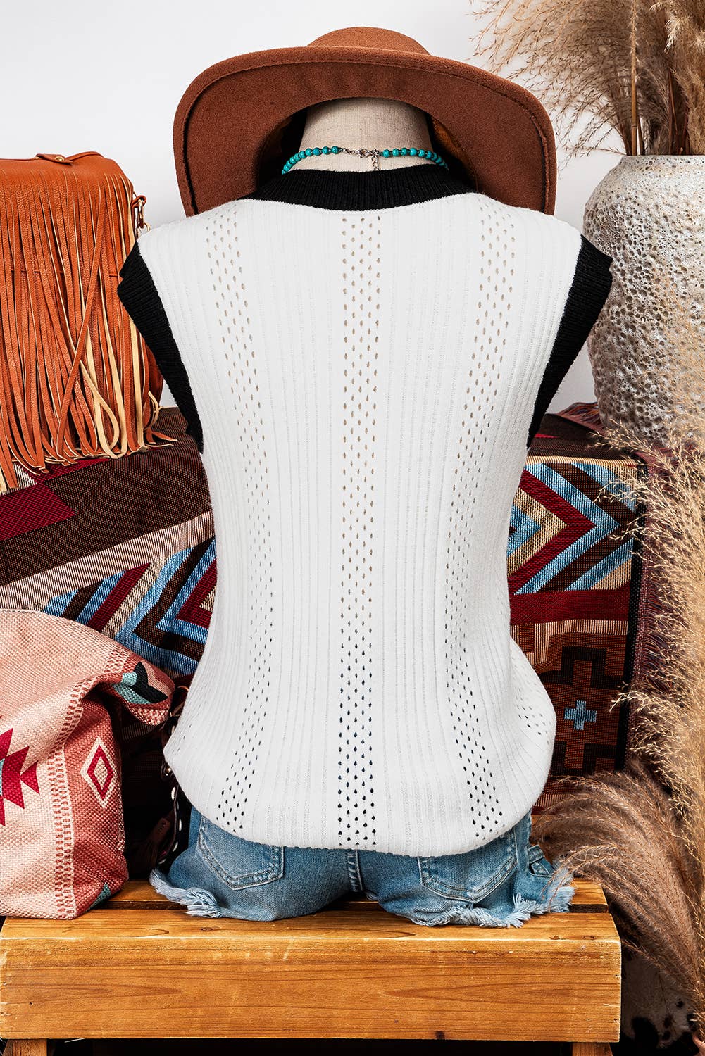 Contrast Trim Eyelet Knit Color block Sweater Vest