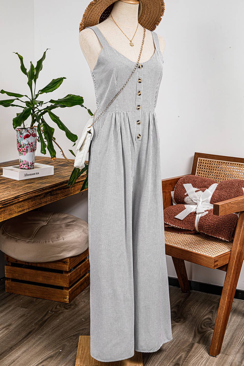Stripe Buttoned Sleeveless Wide Leg Jumpsuit