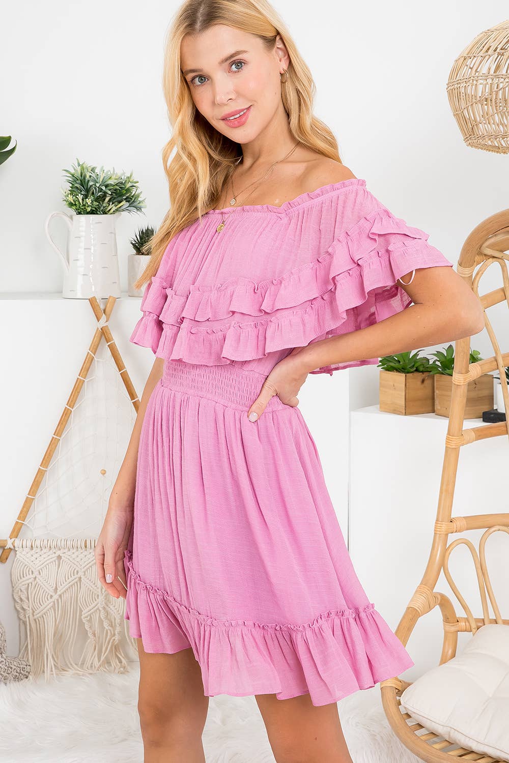 RUFFLE HEM OFF SHOULDER DRESS
