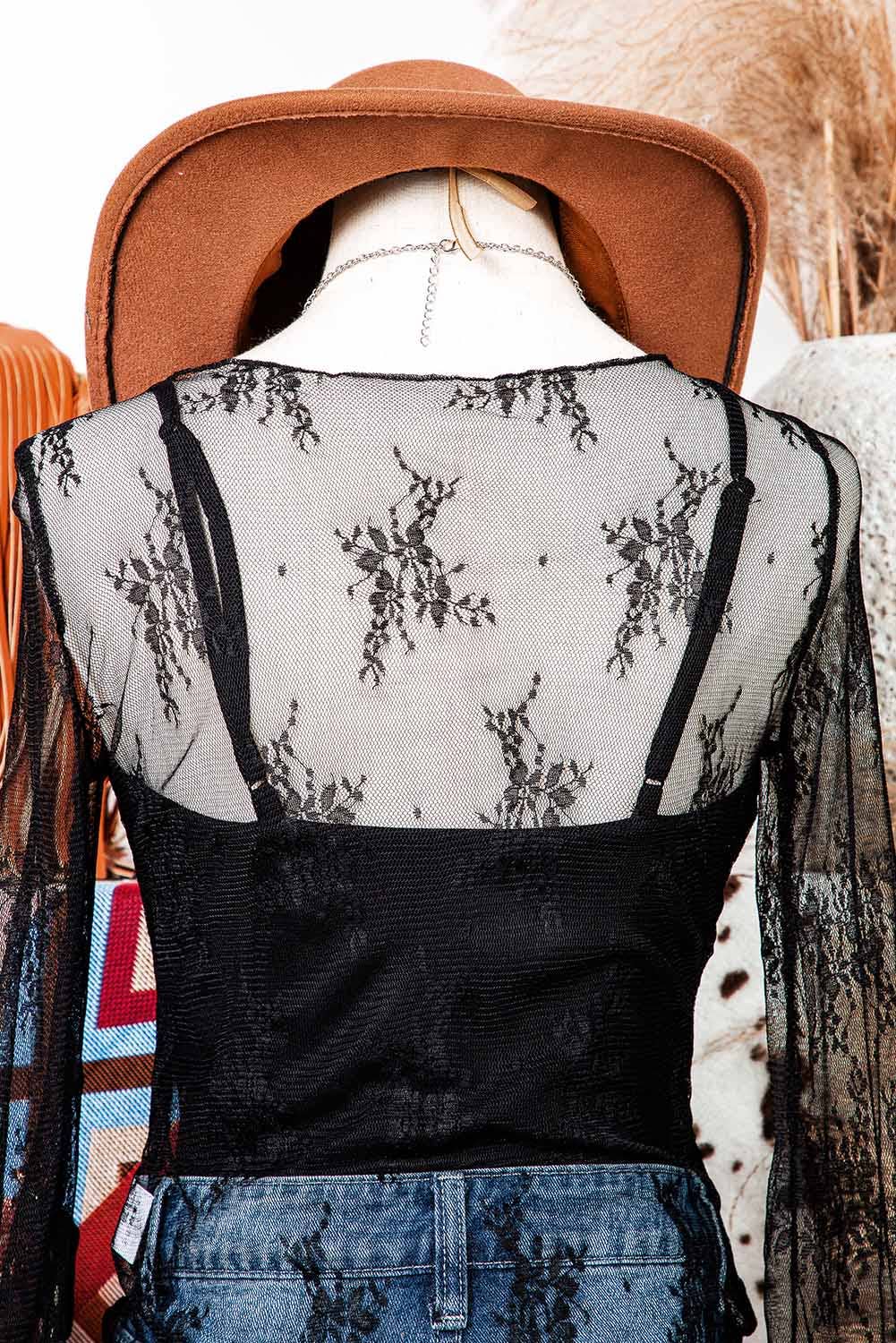 Lace Mesh Crochet Splicing Slim Fit Long Sleeve Blouse