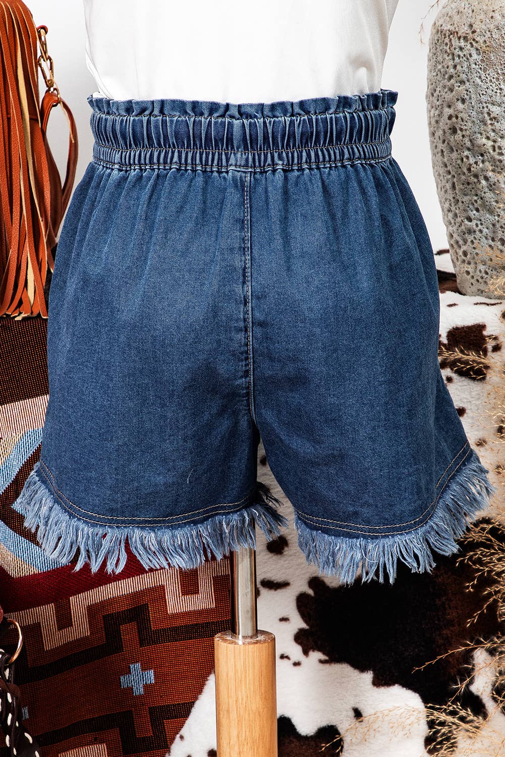 Raw Hem Drawstring High Waist Denim Shorts with Pockets